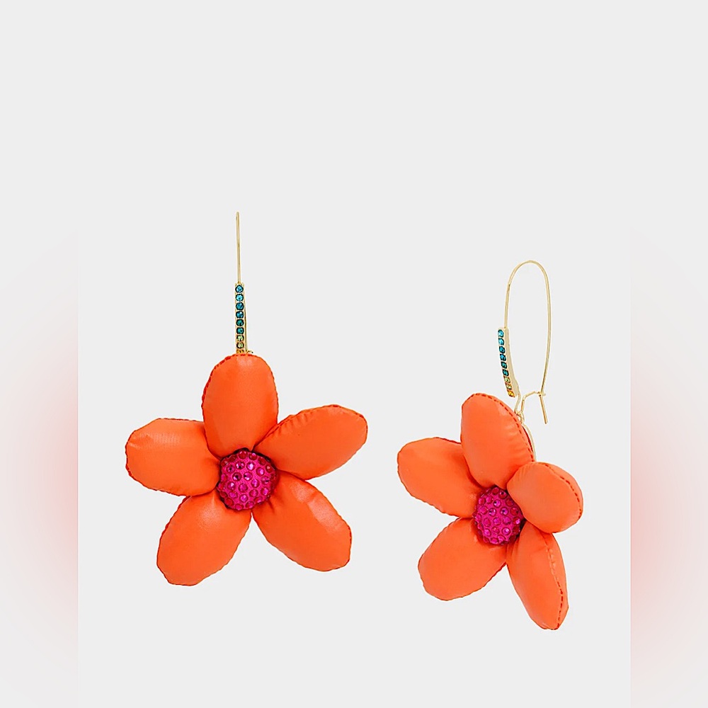Betsey Johnson PUFFY FLOWERS HOOK EARRINGS ORANGE